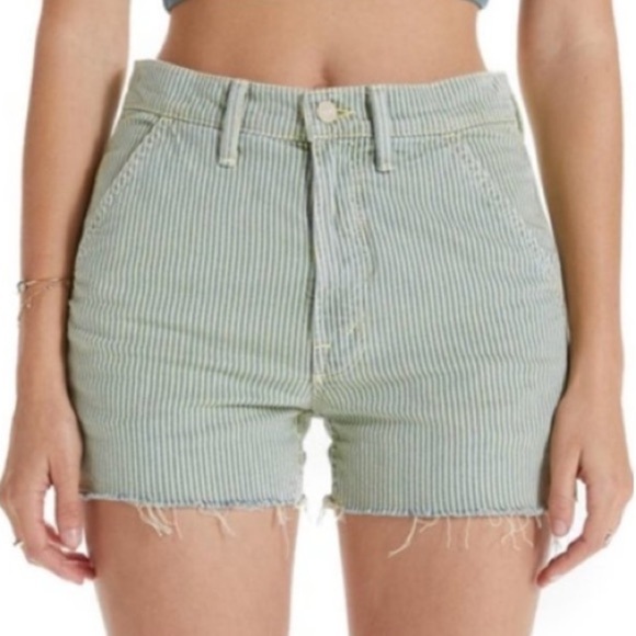 MOTHER Rainbow Choo Choo Lemon Drop High Waist Utility Fray Denim Shorts Size 28 - Picture 2 of 14